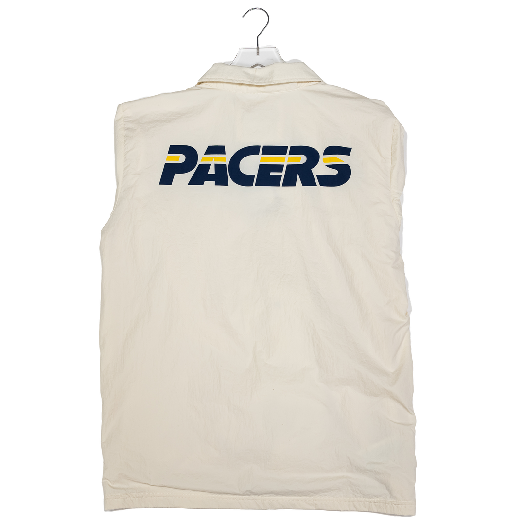 An off-white sleeveless collared jacket or windbreaker vest hanging on a white hanger, featuring the word &