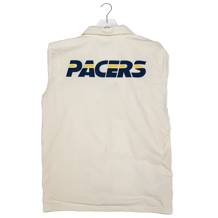 An off-white sleeveless collared jacket or windbreaker vest hanging on a white hanger, featuring the word &