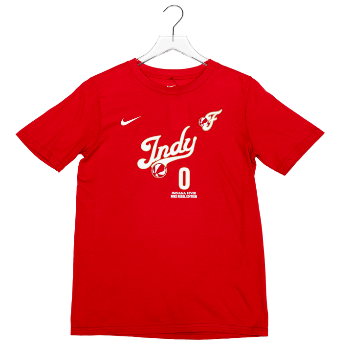 Youth Indiana Fever #0 Kelsey Mitchell 2026 Rebel Name and Number T-shirt in Red by Nike