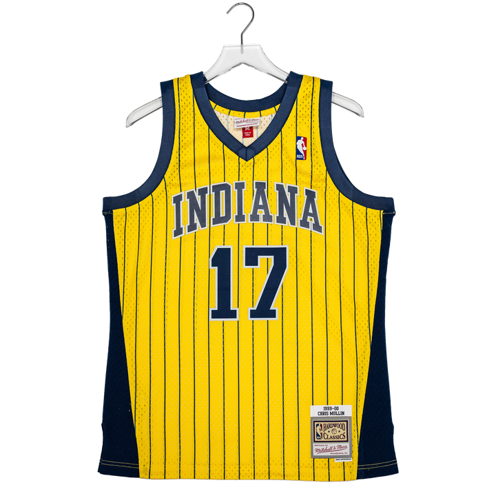 Adult Indiana Pacers #17 Chris Mullin Pinstripe Hardwood Classic Jersey in Gold by Mitchell & Ness