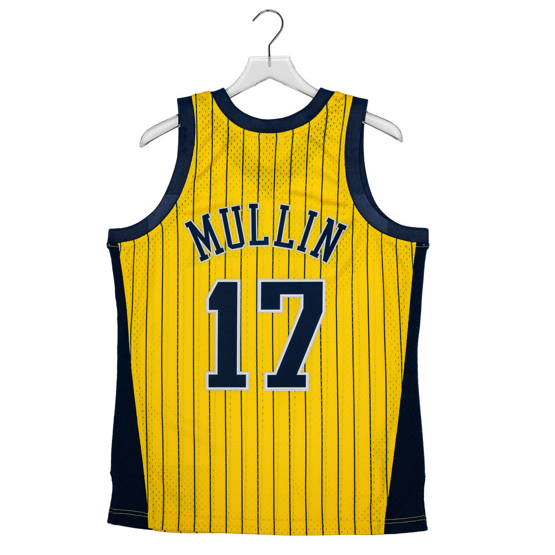 Adult Indiana Pacers #17 Chris Mullin Pinstripe Hardwood Classic Jersey in Gold by Mitchell & Ness