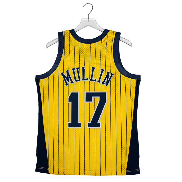 Adult Indiana Pacers #17 Chris Mullin Pinstripe Hardwood Classic Jersey in Gold by Mitchell & Ness