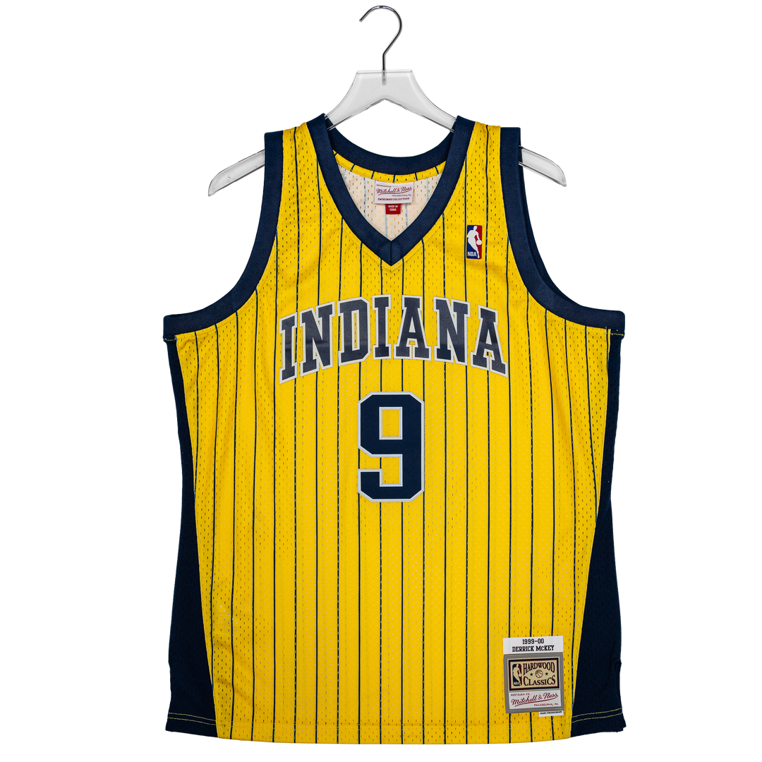 Adult Indiana Pacers #9 Derrick McKey Pinstripe Hardwood Classic Jersey in Gold by Mitchell & Ness