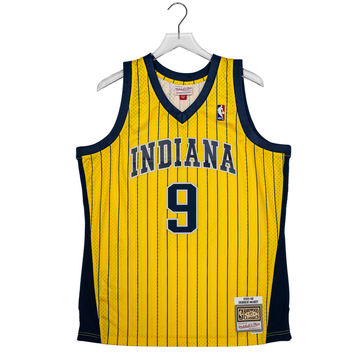 Adult Indiana Pacers #9 Derrick McKey Pinstripe Hardwood Classic Jersey in Gold by Mitchell & Ness