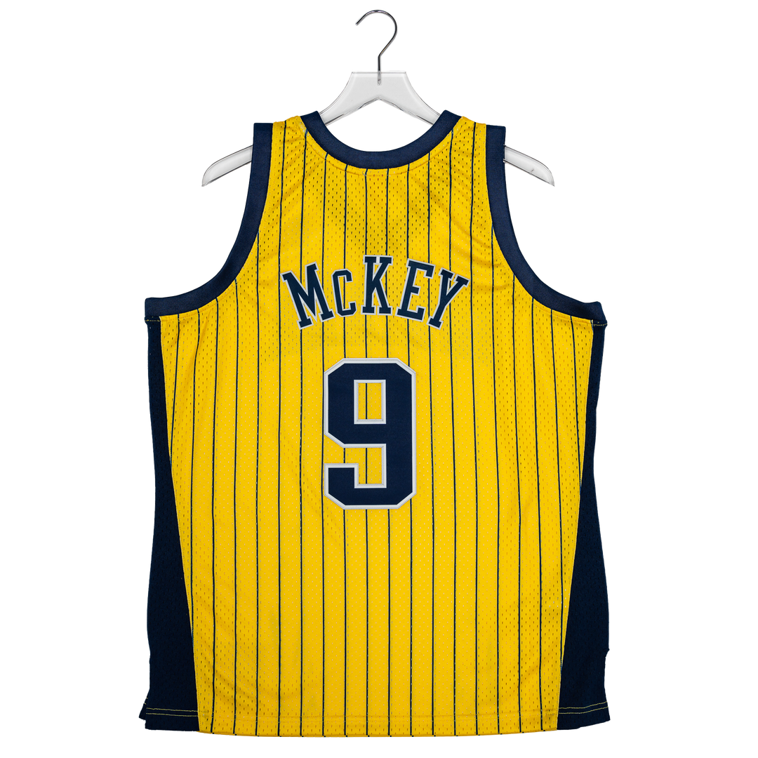 Adult Indiana Pacers #9 Derrick McKey Pinstripe Hardwood Classic Jersey in Gold by Mitchell & Ness