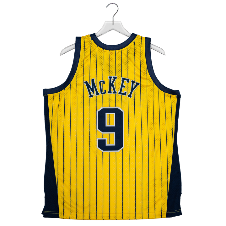 Adult Indiana Pacers #9 Derrick McKey Pinstripe Hardwood Classic Jersey in Gold by Mitchell & Ness