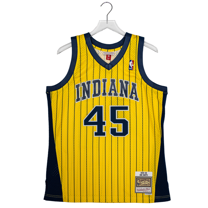 Adult Indiana Pacers #45 Rik Smits Pinstripe Hardwood Classic Jersey in Gold by Mitchell and Ness