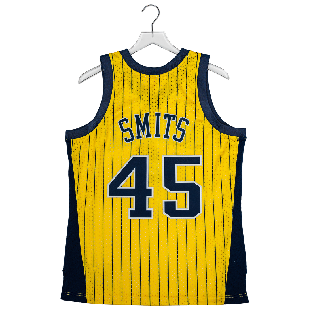 Adult Indiana Pacers #45 Rik Smits Pinstripe Hardwood Classic Jersey in Gold by Mitchell and Ness