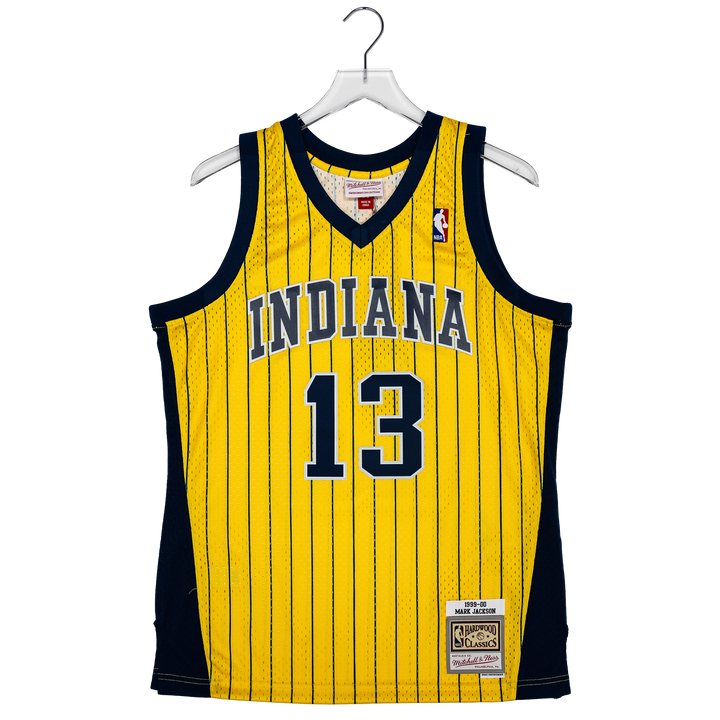 Adult Indiana Pacers #13 Mark Jackson Pinstripe Hardwood Classic Jersey in Gold by Mitchell & Ness