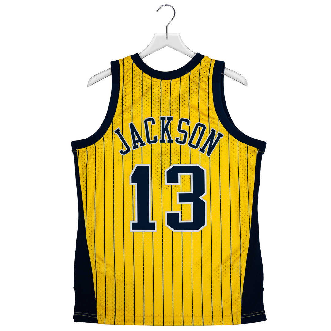 Adult Indiana Pacers #13 Mark Jackson Pinstripe Hardwood Classic Jersey in Gold by Mitchell & Ness