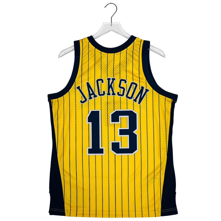 Adult Indiana Pacers #13 Mark Jackson Pinstripe Hardwood Classic Jersey in Gold by Mitchell & Ness