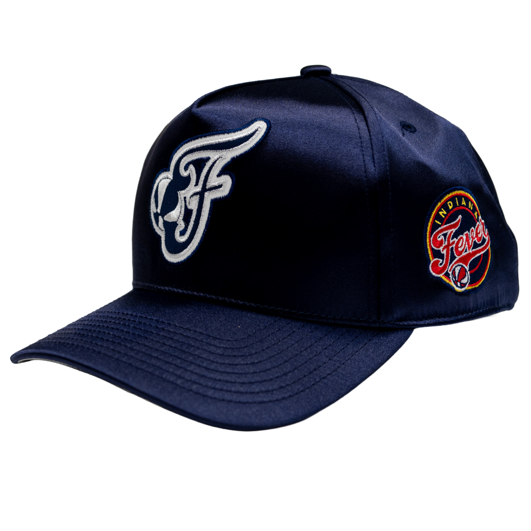 Navy blue cap with white logo on a white background