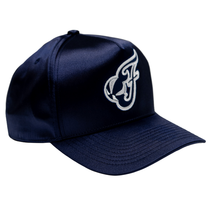 Navy blue cap with a white logo on a white background