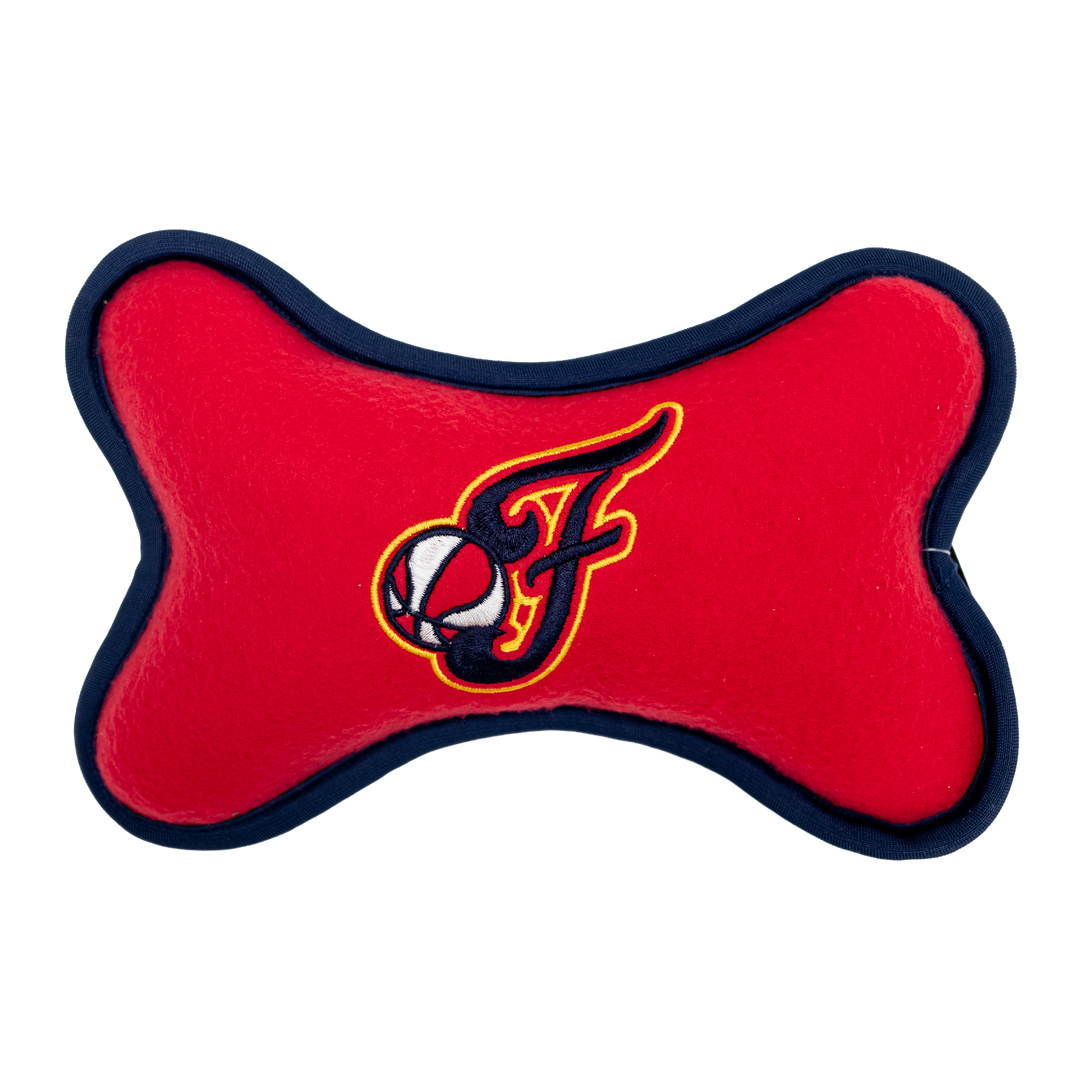Red bone-shaped toy with a logo on a white background