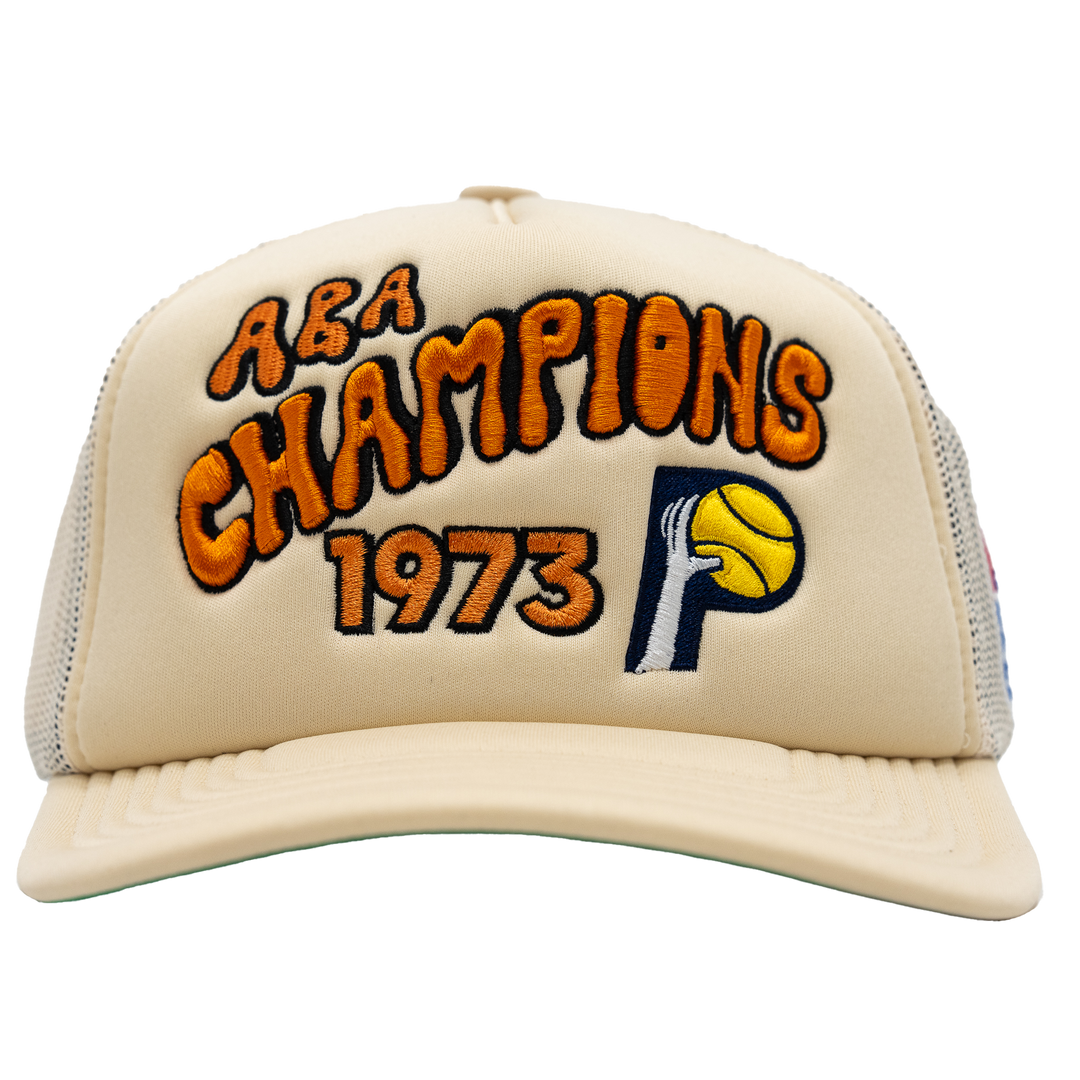 Adult Indiana Pacers ABA Hardwood Classics Champs Trucker Hat in Natural by Mitchell &amp; Ness