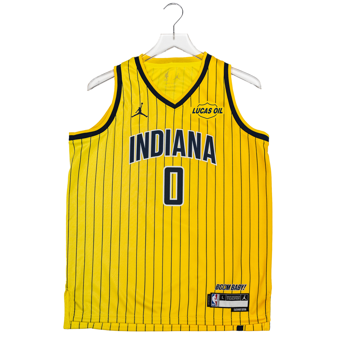 Youth Indiana Pacers #0 Tyrese Haliburton 26-27' Statement Swingman Jersey in Gold by Jordan