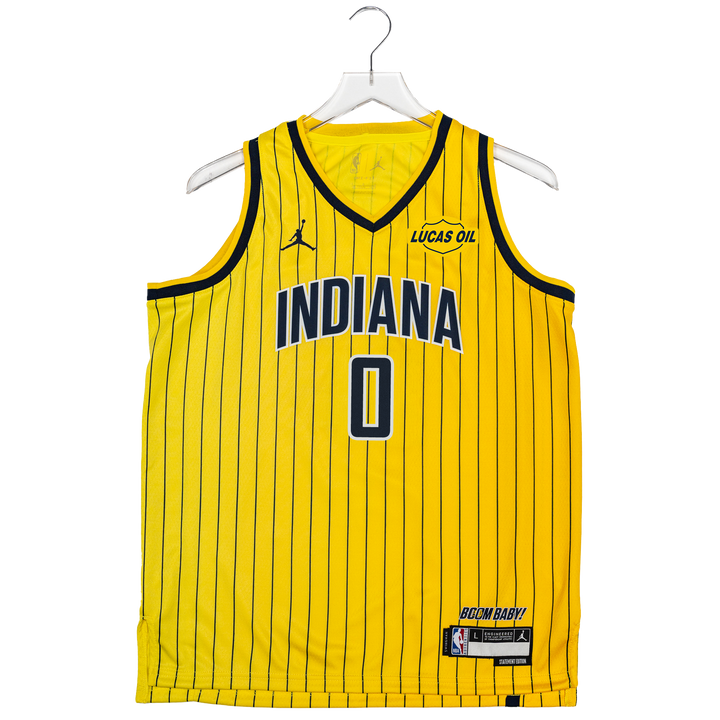 Youth Indiana Pacers #0 Tyrese Haliburton 26-27' Statement Swingman Jersey in Gold by Jordan