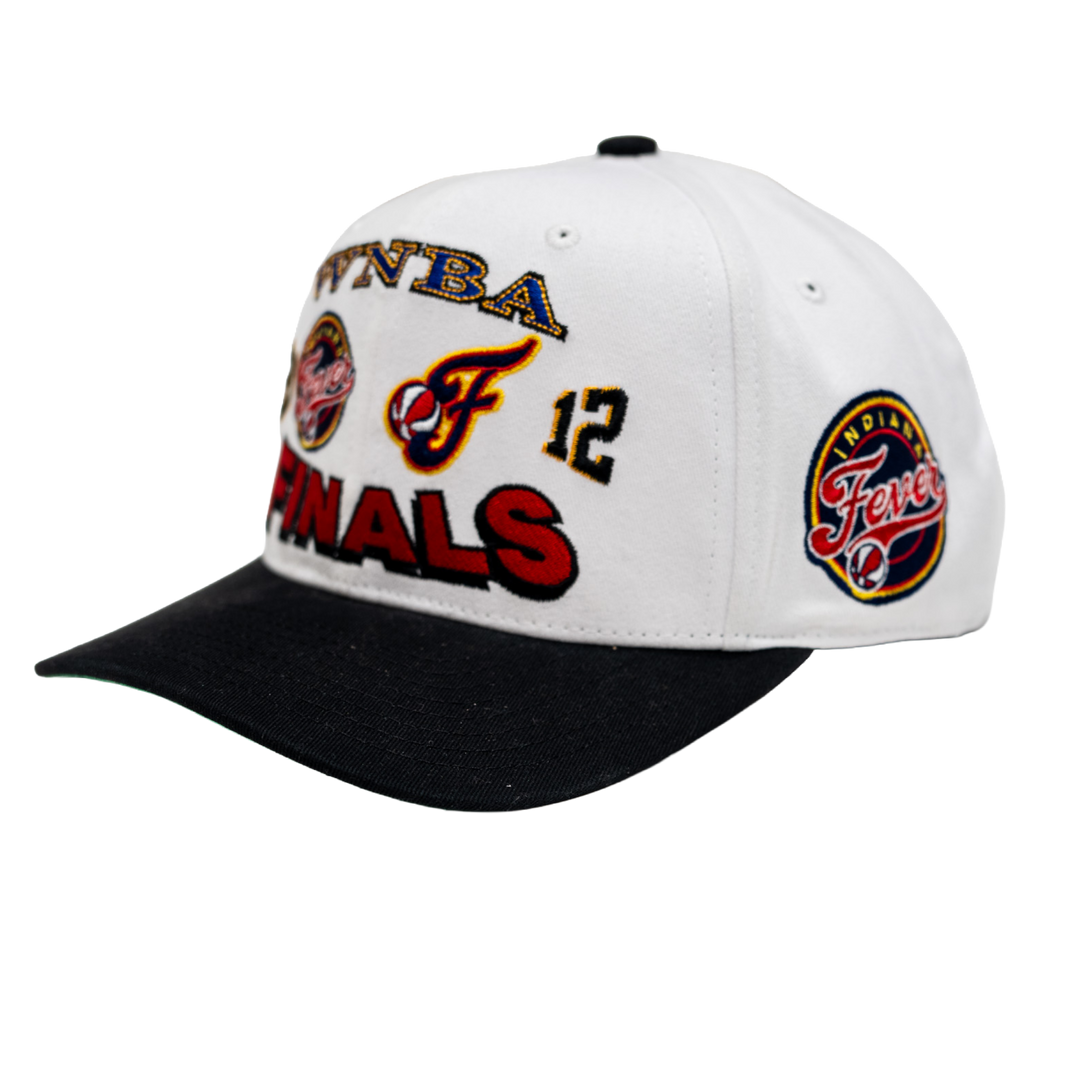 White and black cap with multiple logos and text on a white background
