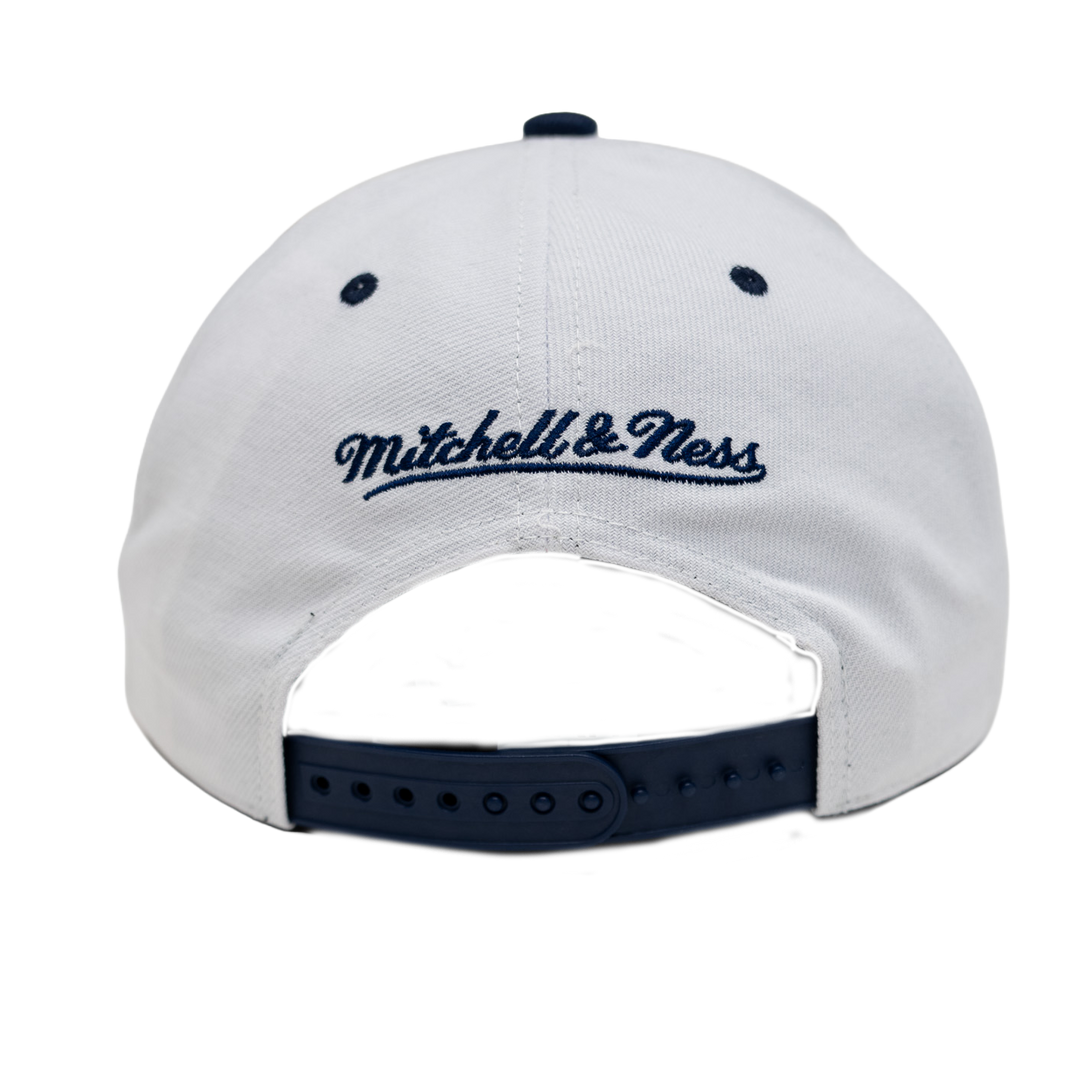 White cap with black brim and 'Mitchell & Ness' logo on a white background