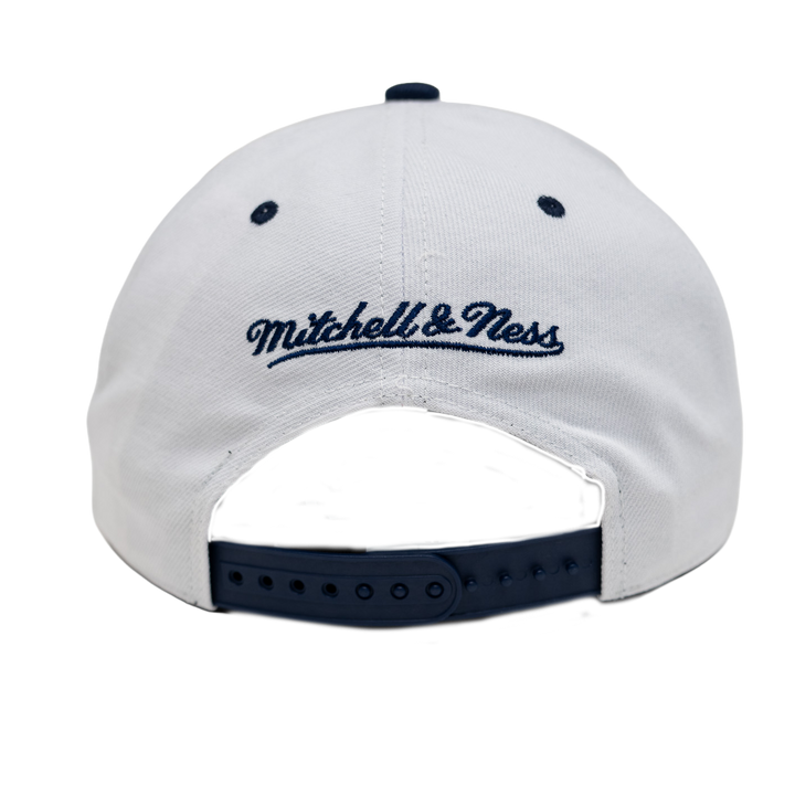 White cap with black brim and 'Mitchell & Ness' logo on a white background