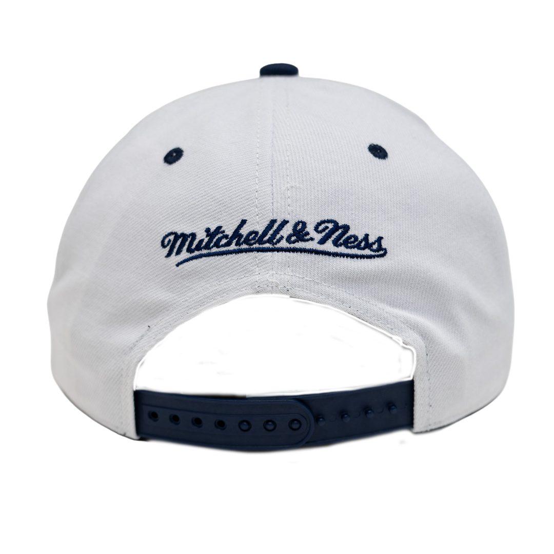 White cap with black brim and 'Mitchell & Ness' logo on a white background