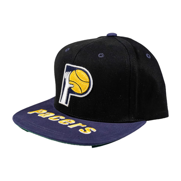 Adult Indiana Pacers Team 2-Tone Hardwood Classic Fitted Hat by Mitchell and Ness In Black & Blue - Angled Left Side View