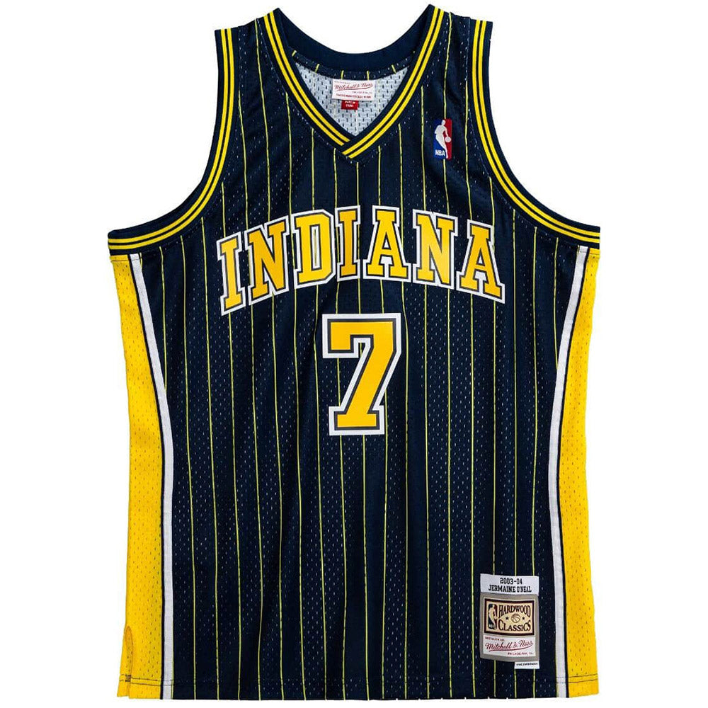 Adult Indiana Pacers Jermaine O'Neal #7 Navy Pinstripe Hardwood Classic  Jersey by Mitchell and Ness