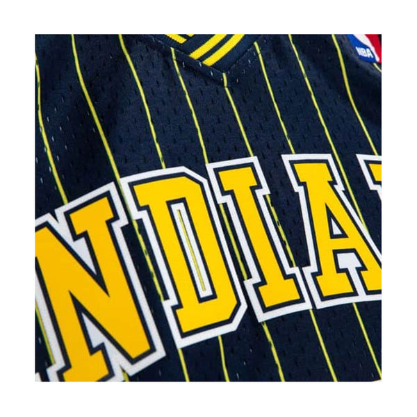 Indiana Pacers Jermaine O'Neal Pinstripe Swingman Jersey in Navy and Gold - Close up Front View