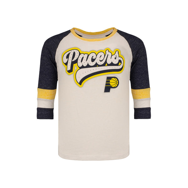 Youth Girls Indiana Pacers Script 3/4 Sleeve Shirt by New Era in Cream, Navy, and Gold - Front View