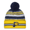 Adult Indiana Pacers Sport Stripe Pom Knit Hat by New Era In Gold, Grey & Blue - Front View