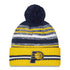 Adult Indiana Pacers Sport Stripe Pom Knit Hat by New Era In Gold, Grey & Blue - Front View