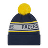 Adult Indiana Pacers Repeat Pom Knit Hat by New Era In Blue, Gold & Grey - Back View