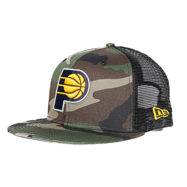 Adult Indiana Pacers Classic 9FIFTY Trucker Hat in Camo by New Era - Angled Left Side view